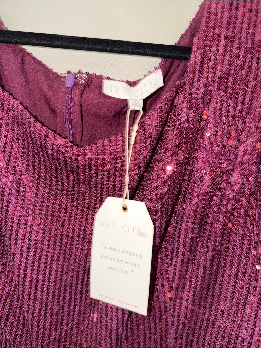 Ivy City Co Plum Sequin Midi Dress with Puff Sleeves - Picture 3 of 3